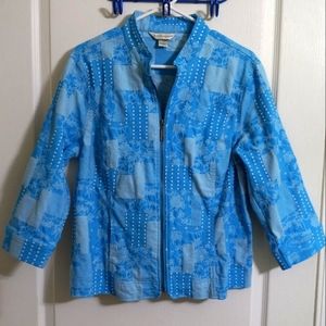 Christopher & Banks Womens Jacket Sz Large Blue Embroidered Mock Neck Zip